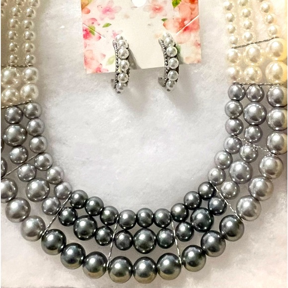 Paparazzi Multi strand pearl necklace & earrings  Hombre Cream & Gray NWOT - Picture 12 of 14